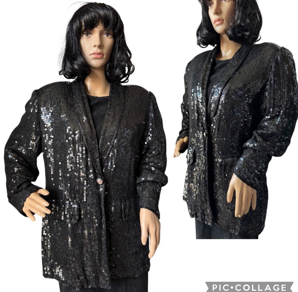 American Vtg Black Silk Sequined Formal Occasion one button Blazer coat medium